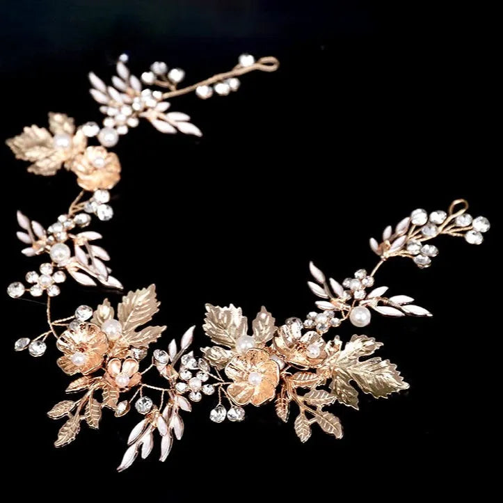 Golden Leaf & Pearl Bridal Headband | Fall Wedding Hair  display picture 1