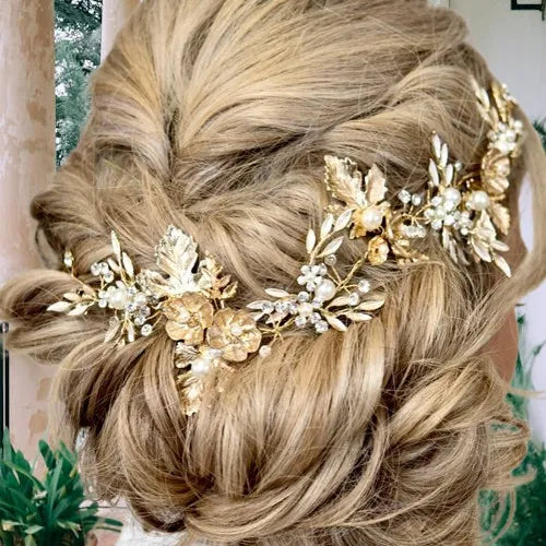 Golden Leaf & Pearl Bridal Headband | Fall Wedding Hair  display picture 3