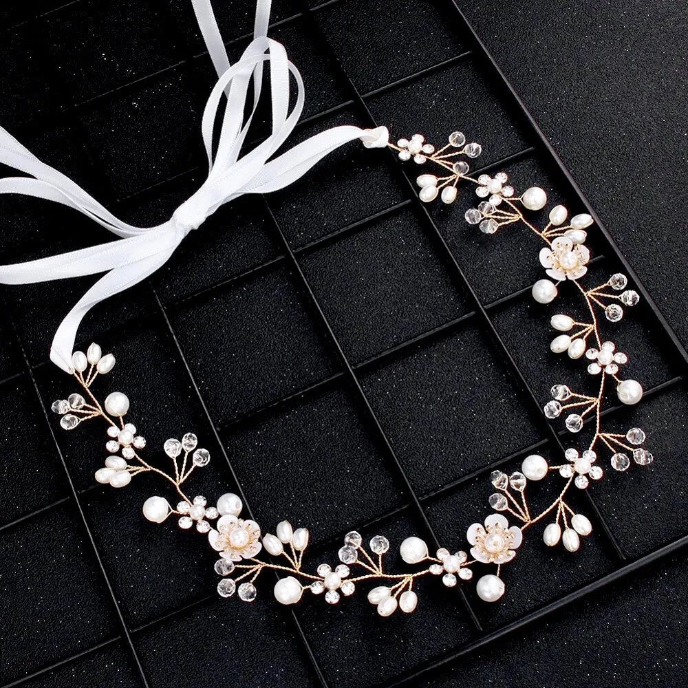 Wedding Hair Accessories - Gold Pearl and Crystal Bridal Headband