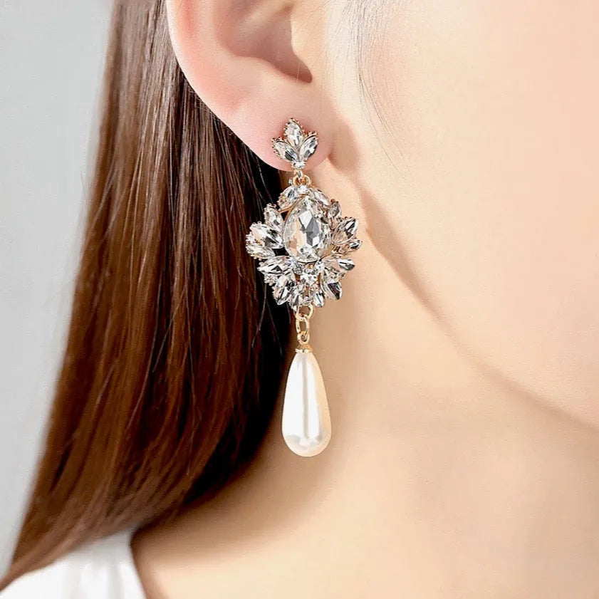 Wedding Jewelry - Silver Pearl and Crystal Bridal Earrings