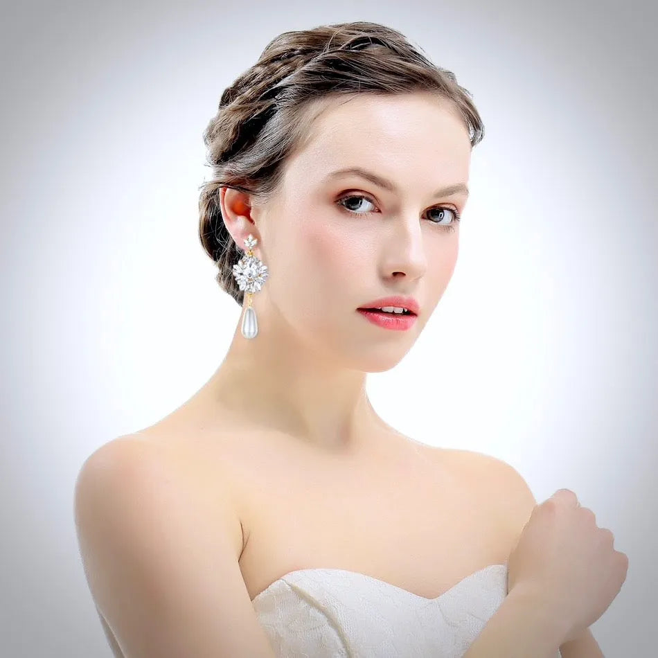 Wedding Jewelry - Silver Pearl and Crystal Bridal Earrings