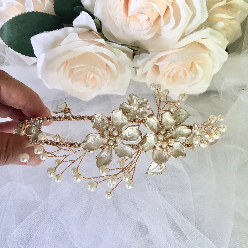Wedding Hair Accessories - Gold Pearl and Crystal Bridal Headband / Tiara