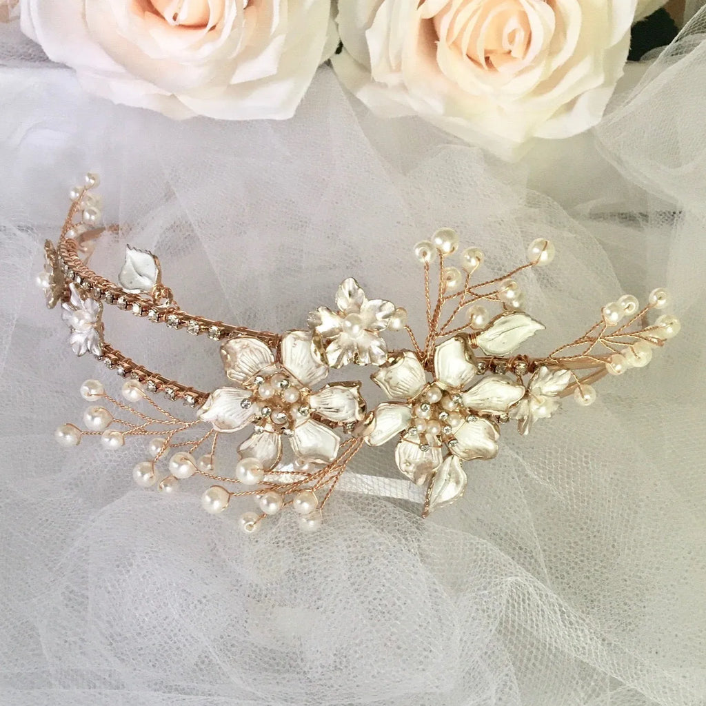 Wedding Hair Accessories - Gold Pearl and Crystal Bridal Headband / Tiara