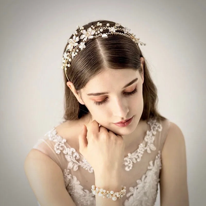 Wedding Hair Accessories - Gold Pearl and Crystal Bridal Headband / Tiara