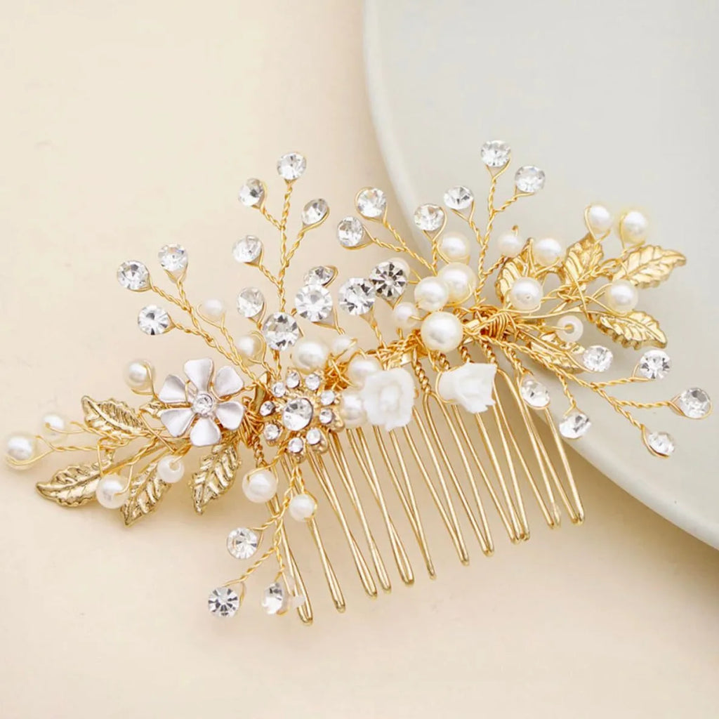 Wedding Hair Accessories 'Magda' - Gold Pearl and Crystal Bridal Hair Comb