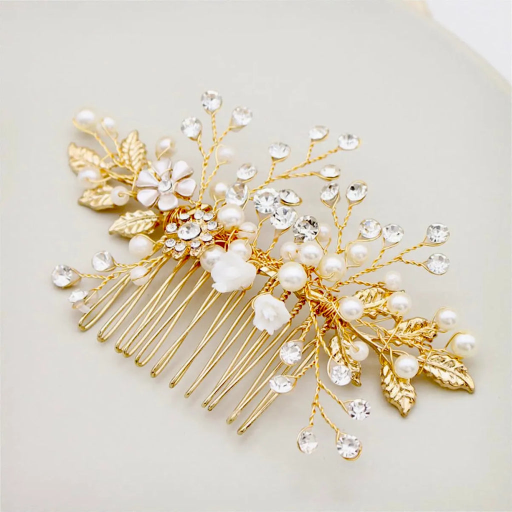 Wedding Hair Accessories 'Magda' - Gold Pearl and Crystal Bridal Hair Comb