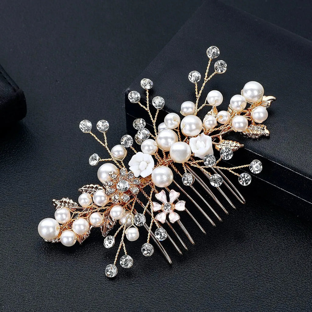 Wedding Hair Accessories 'Magda' - Gold Pearl and Crystal Bridal Hair Comb