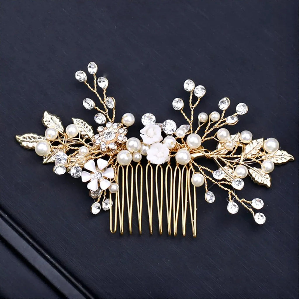 Wedding Hair Accessories 'Magda' - Gold Pearl and Crystal Bridal Hair Comb
