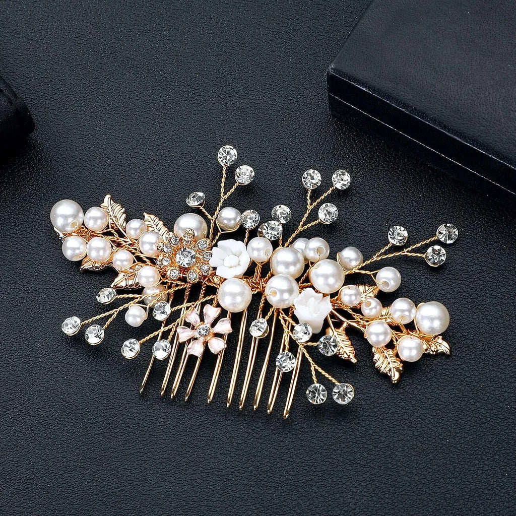 Wedding Hair Accessories 'Magda' - Gold Pearl and Crystal Bridal Hair Comb