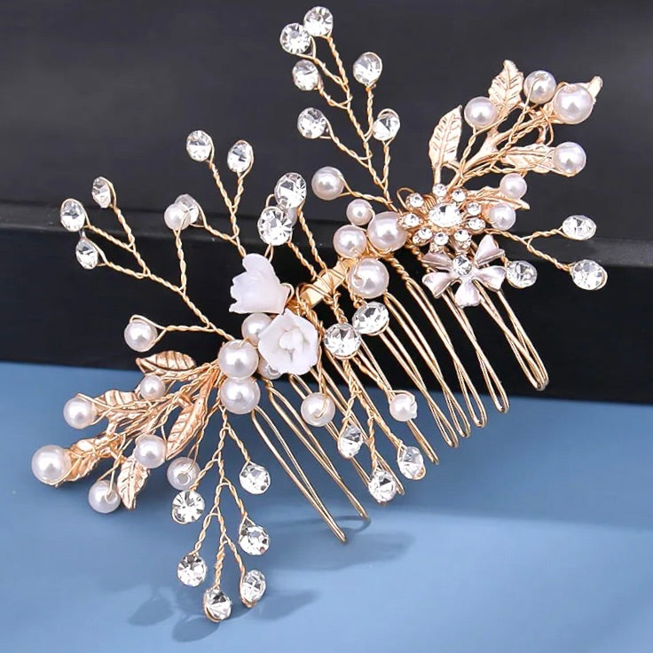 Wedding Hair Accessories 'Magda' - Gold Pearl and Crystal Bridal Hair Comb