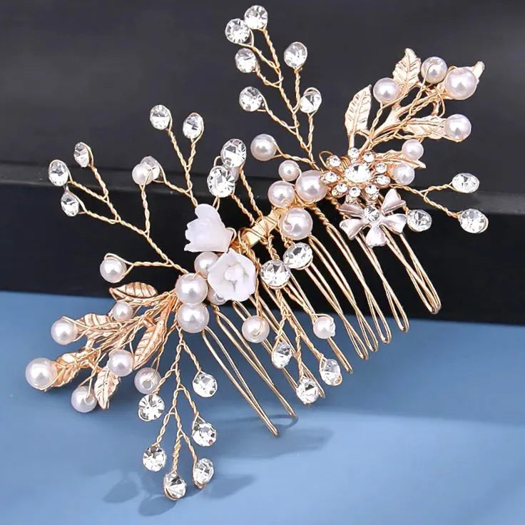 Wedding Hair Accessories 'Magda' - Gold Pearl and Crystal Bridal Hair Comb
