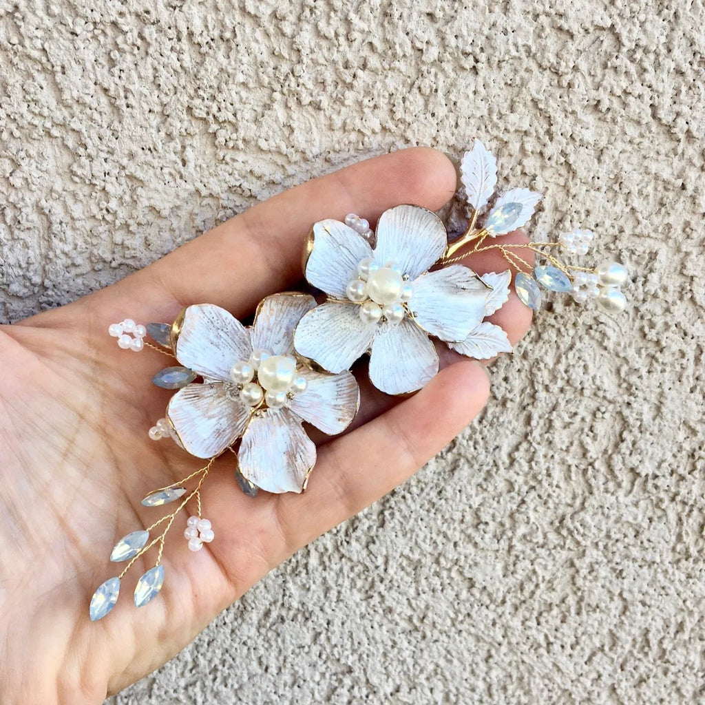 Wedding Hair Accessories - Gold Pearl and Opal Bridal Hair Clip