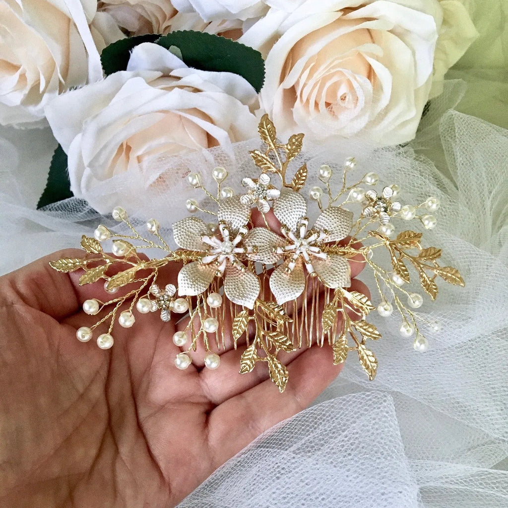 Wedding Hair Accessories - Gold Pearl Bridal Hair Comb