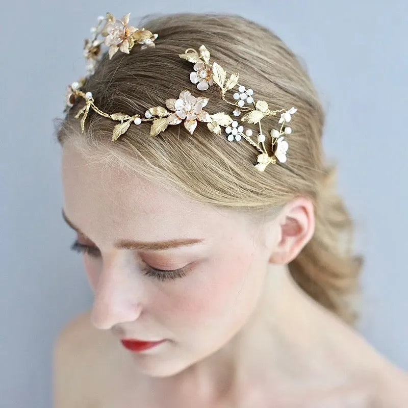 Wedding Hair Accessories - Gold Pearl and Crystal Bridal Headband / Tiara