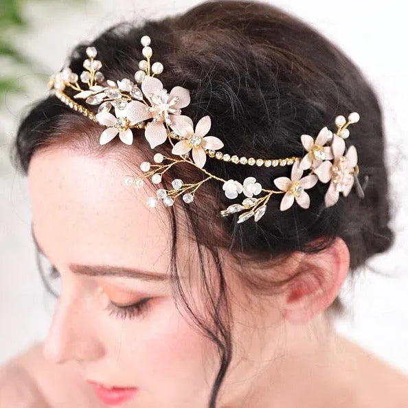 Wedding Hair Accessories - Gold Pearl and Crystal Bridal Headband