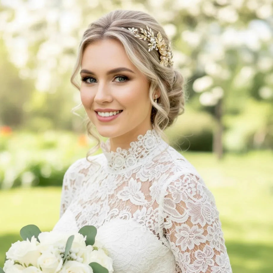 Golden Leaf & Pearl Bridal Headband