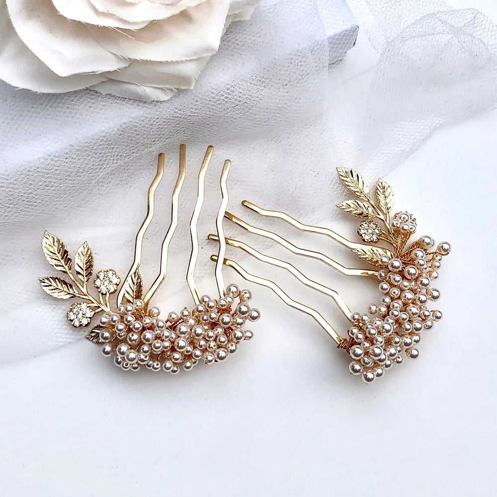 Wedding Hair Accessories - Elegant Gold Bridal Hair Combs with Pearls – Left, Right, or Pair