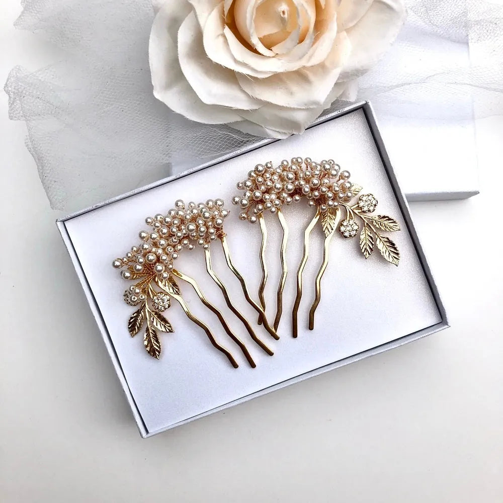 Wedding Hair Accessories - Elegant Gold Bridal Hair Combs with Pearls – Left, Right, or Pair