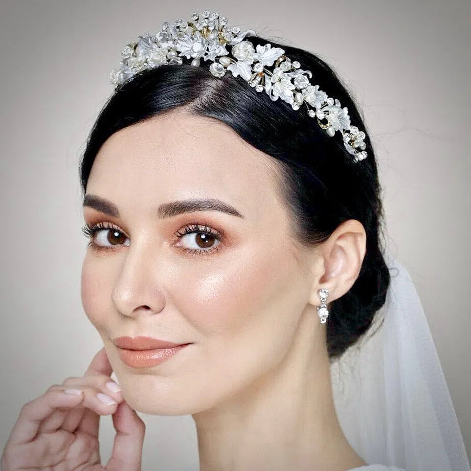 Wedding Hair Accessories -  Pearl and Crystal Bridal Tiara - Available in Yellow Gold and Silver