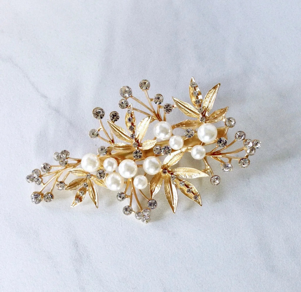 Wedding Hair Accessories - Gold Pearl and Crystal Bridal Hair Clip