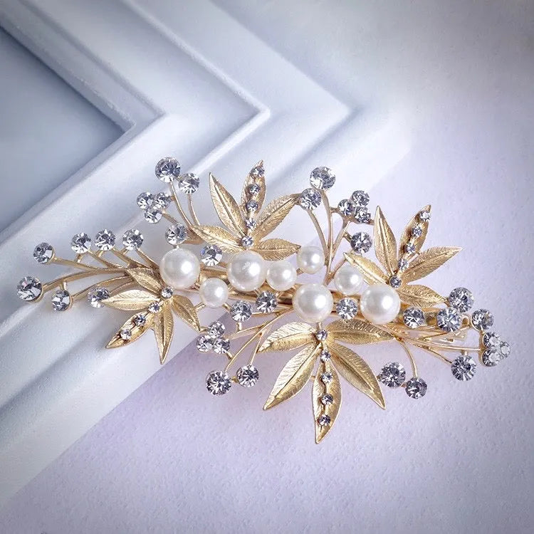 Wedding Hair Accessories - Gold Pearl and Crystal Bridal Hair Clip