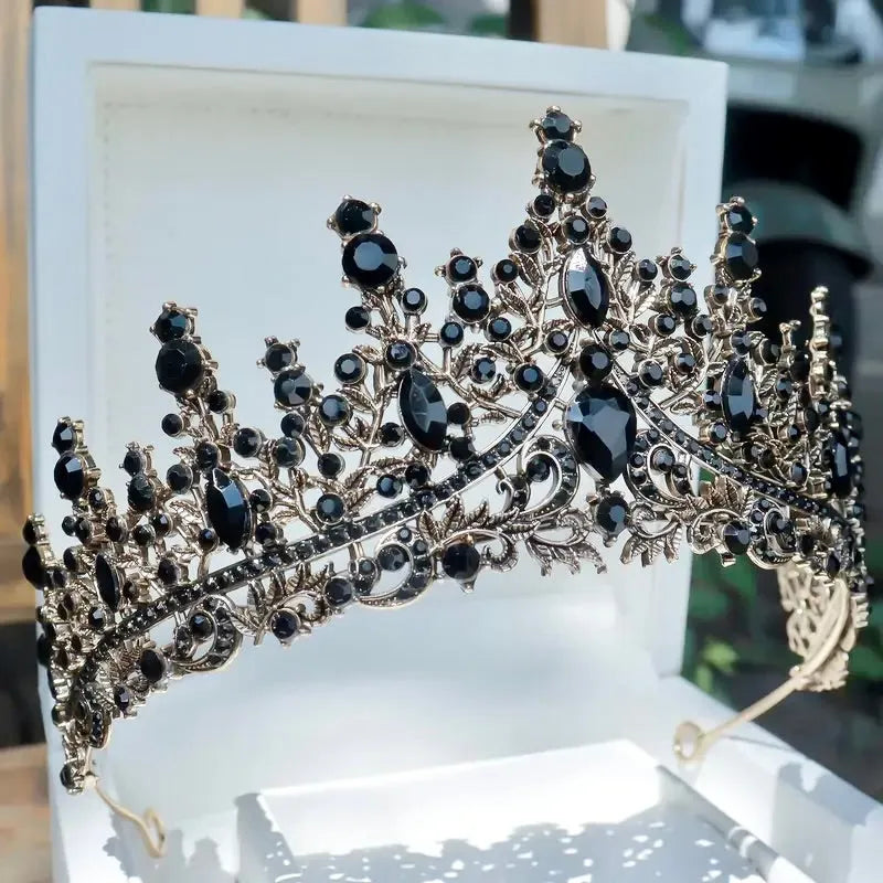 Gothic Bridal Tiara | Antique Gold Wedding Crown with Black Crystals