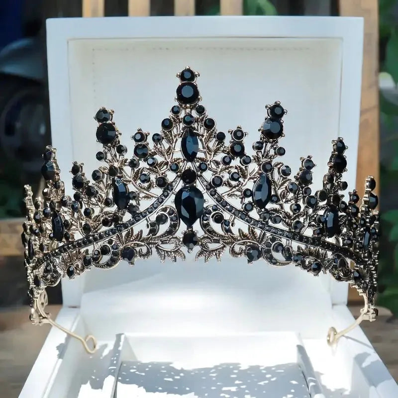 Gothic Bridal Tiara | Antique Gold Wedding Crown with Black Crystals