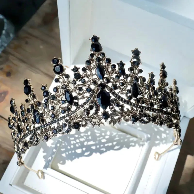 Gothic Bridal Tiara | Antique Gold Wedding Crown with Black Crystals
