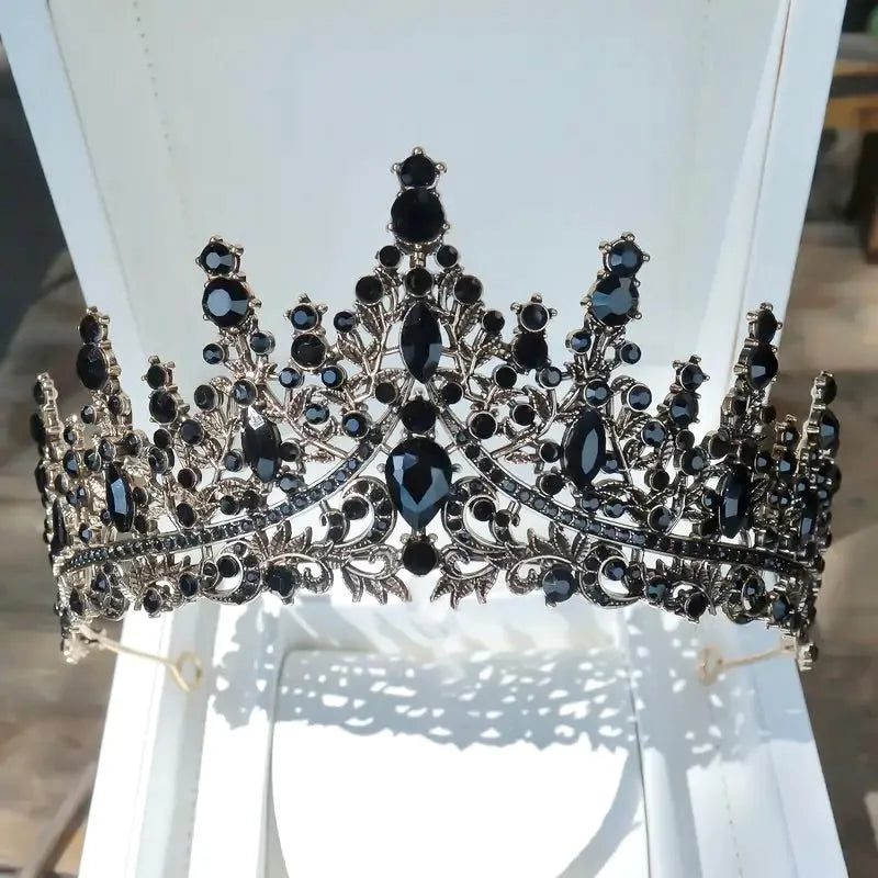 Gothic Bridal Tiara | Antique Gold Wedding Crown with Black Crystals