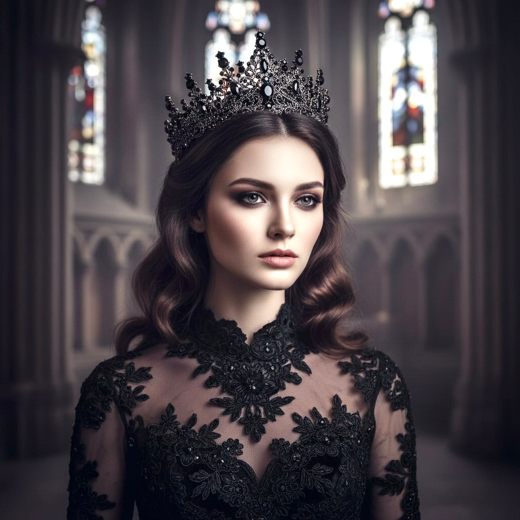 Gothic Bridal Tiara | Antique Gold Wedding Crown with Black Crystals