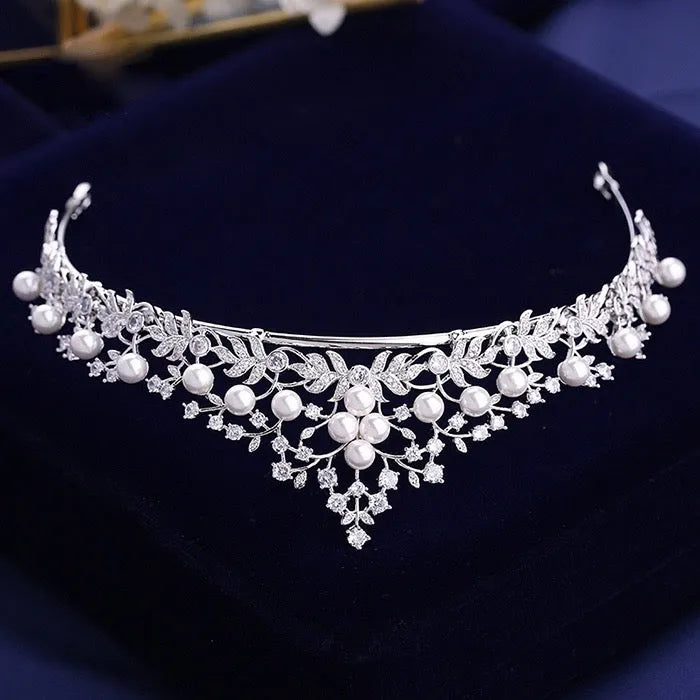 Wedding Jewelry and Accessories - Silver Cubic Zirconia and Pearl 3-Piece Bridal Jewelry Set with Tiara 