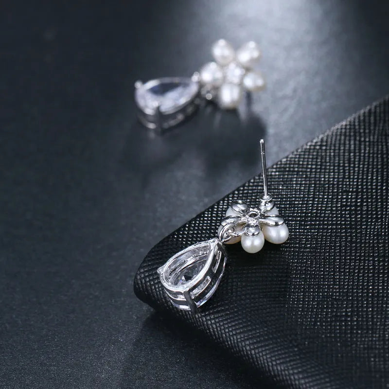 Wedding Jewelry - Pearl and Cubic Zirconia Bridal Necklace and Earrings Set