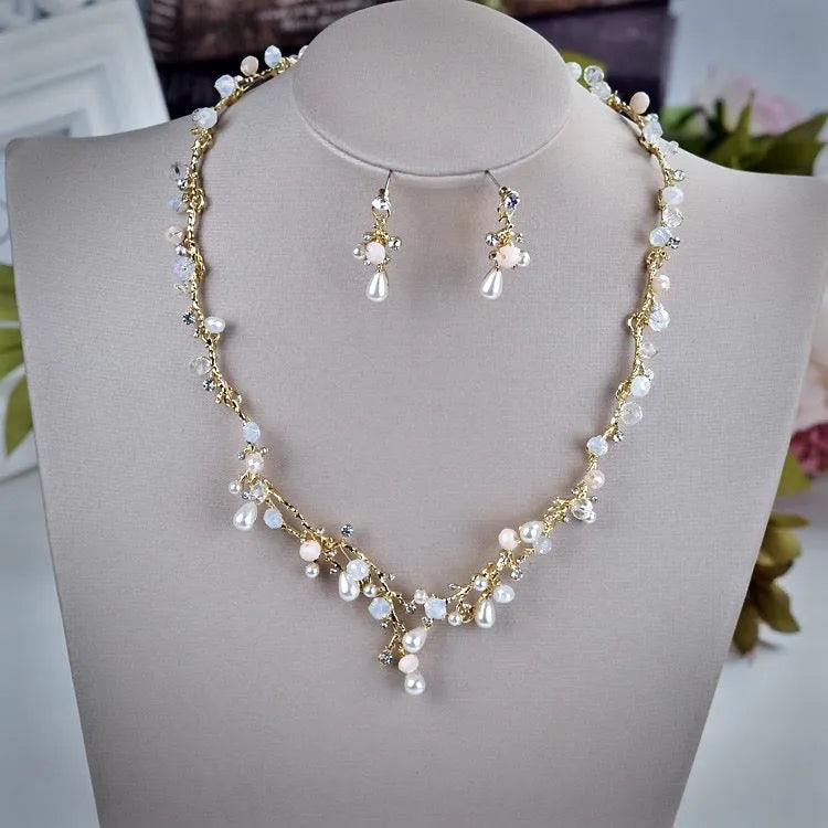 Pearl Wedding Jewelry - Pearl and Cubic Zirconia Bridal 3-Piece Jewelry Set With Tiara - Available in Yellow Gold and Silver