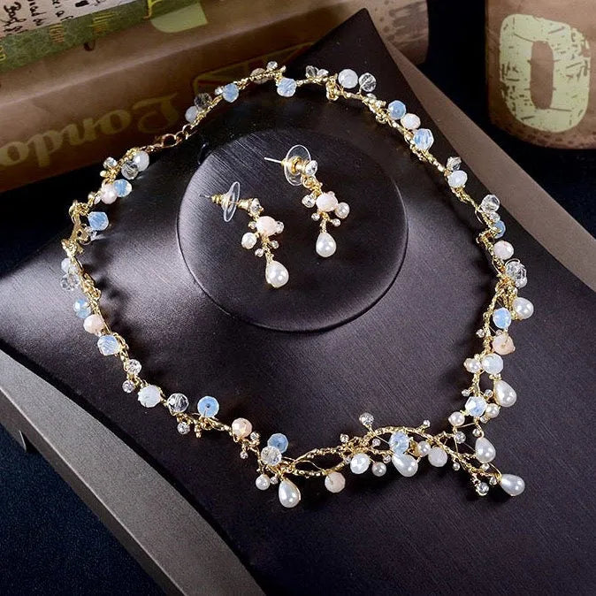 Pearl Wedding Jewelry - Pearl and Cubic Zirconia Bridal 3-Piece Jewelry Set With Tiara - Available in Yellow Gold and Silver