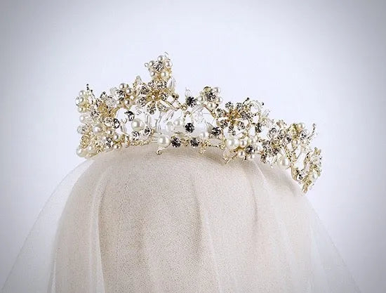 "Estelle" - Gold Pearl and Cubic Zirconia Bridal Tiara