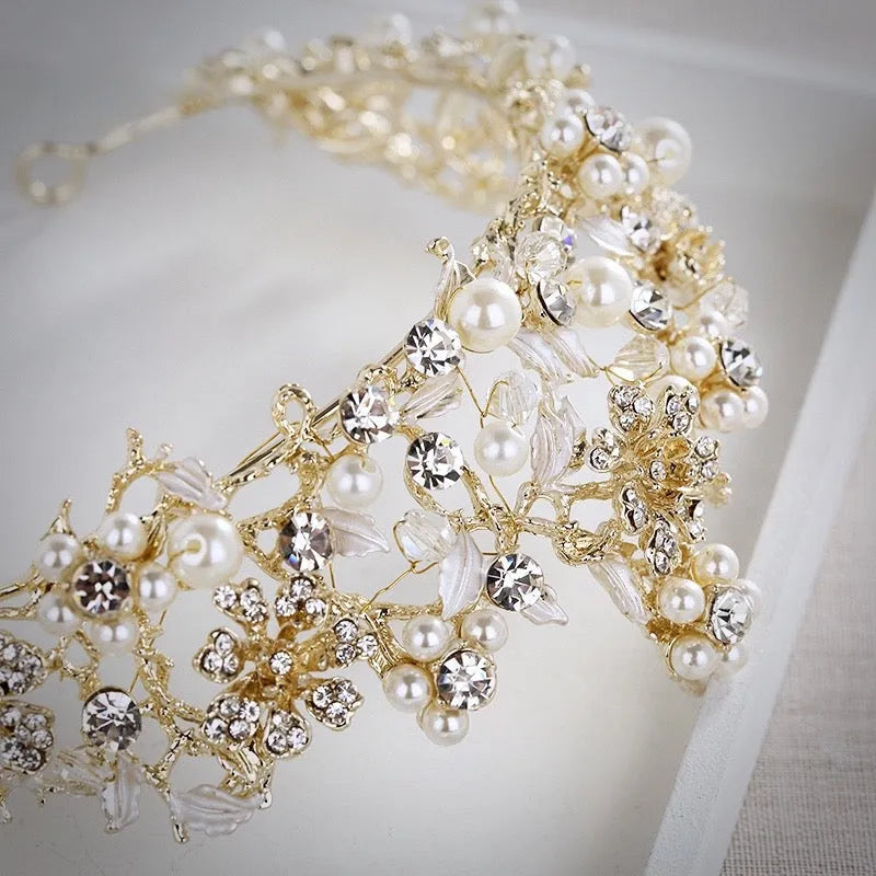 "Estelle" - Gold Pearl and Cubic Zirconia Bridal Tiara