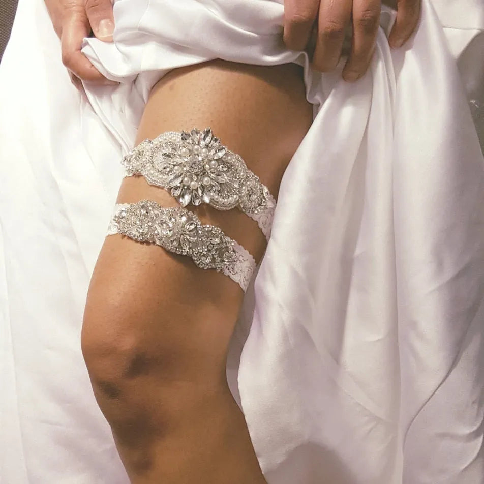 Sierra Lace & Crystal Bridal Garter Set  Silver Wedding Garter | ADORA by  Simona