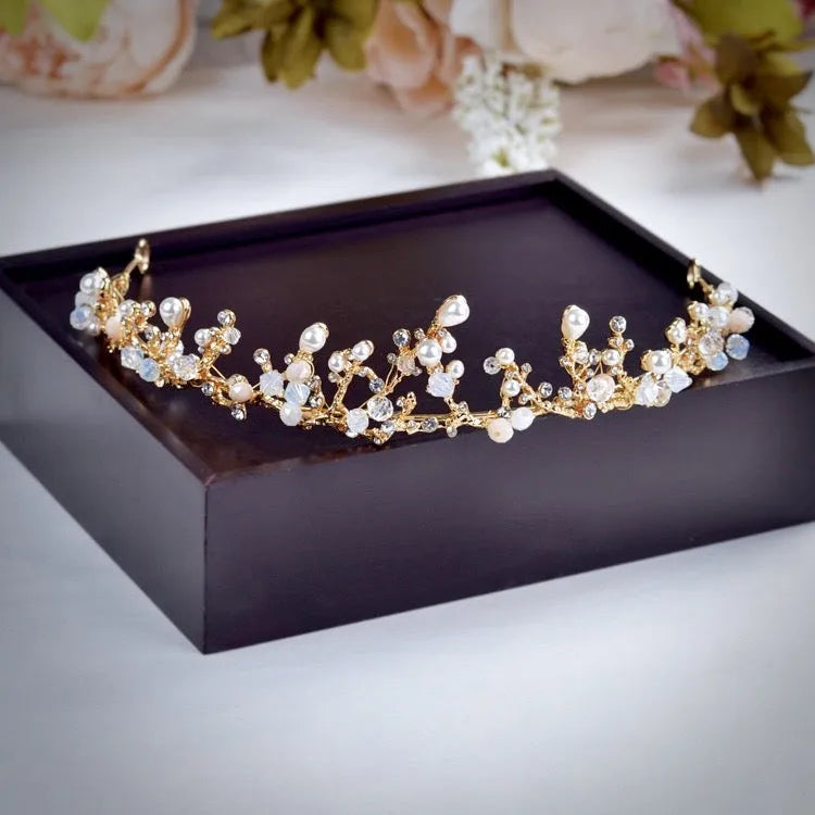 Pearl Wedding Jewelry - Pearl and Cubic Zirconia Bridal 3-Piece Jewelry Set With Tiara - Available in Yellow Gold and Silver