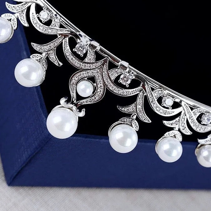 Wedding Hair Accessories - Pearl and Cubic Zirconia Bridal Tiara