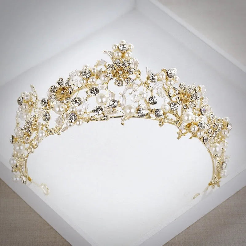"Estelle" - Gold Pearl and Cubic Zirconia Bridal Tiara