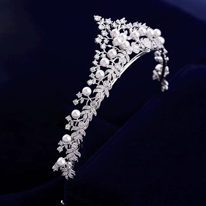 Wedding Jewelry and Accessories - Silver Cubic Zirconia and Pearl 3-Piece Bridal Jewelry Set with Tiara 