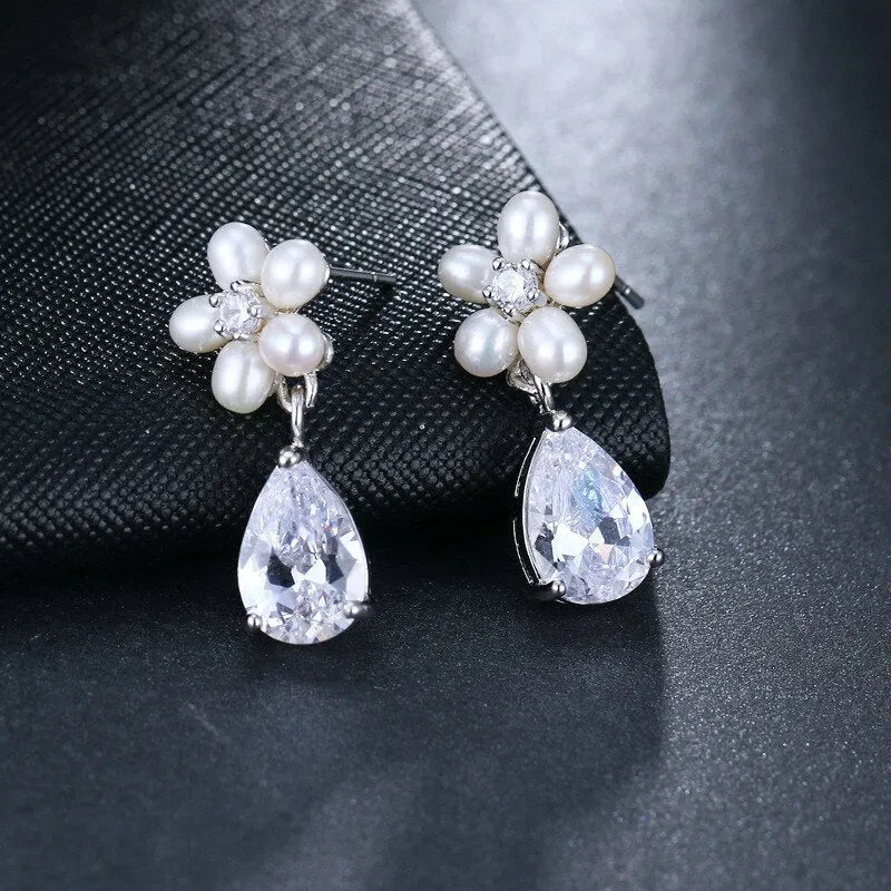 Wedding Jewelry - Pearl and Cubic Zirconia Bridal Necklace and Earrings Set