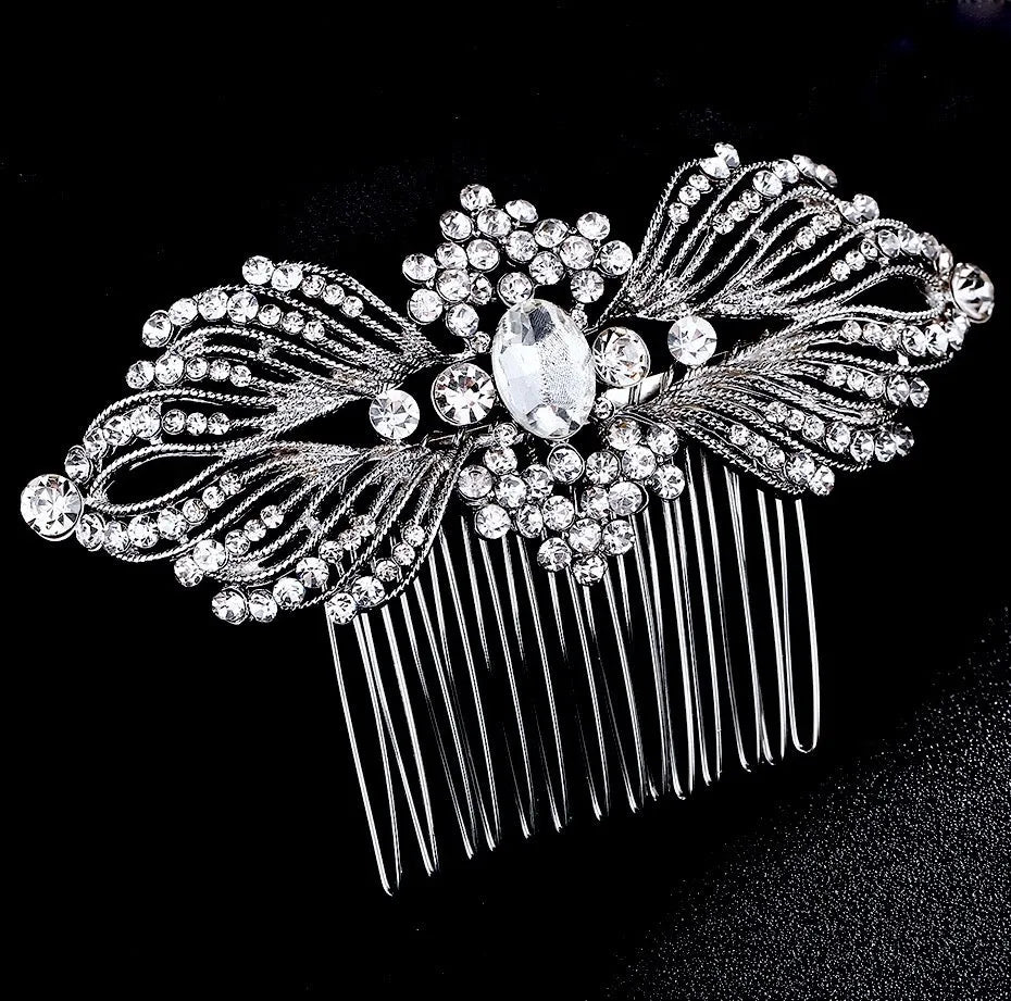 Vintage Silver Rhinestone/Crystal Hair Comb Set Silver Rhinestone Bridal Hair Comb: Vintage Style Wedding  main image 4