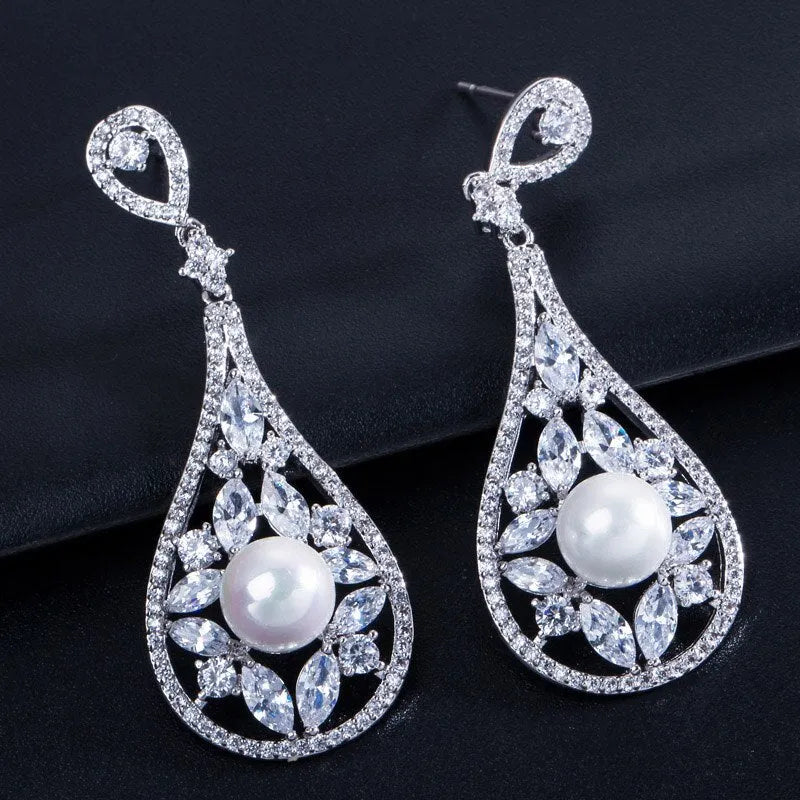 Wedding Jewelry - Pearl and Cubic Zirconia Bridal Earrings