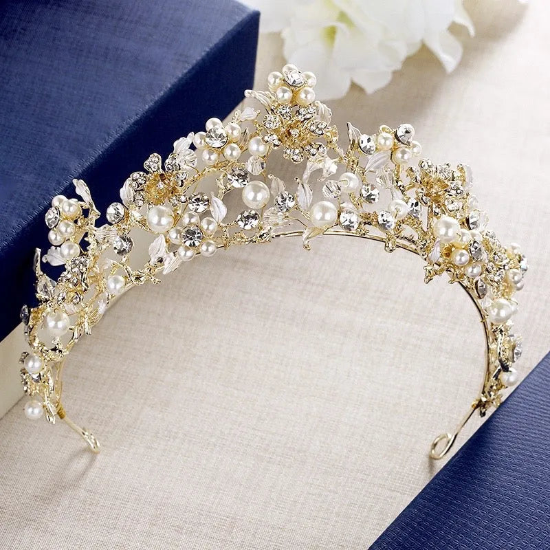 "Estelle" - Gold Pearl and Cubic Zirconia Bridal Tiara