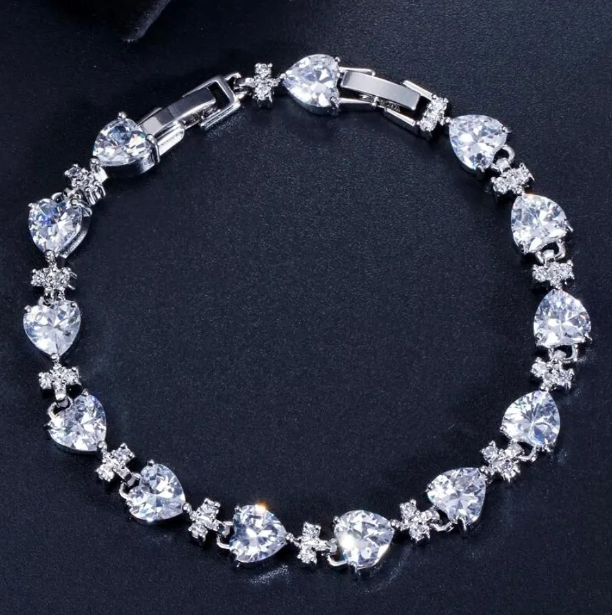 Wedding Jewelry - Silver Cubic Zirconia Heart Bracelet