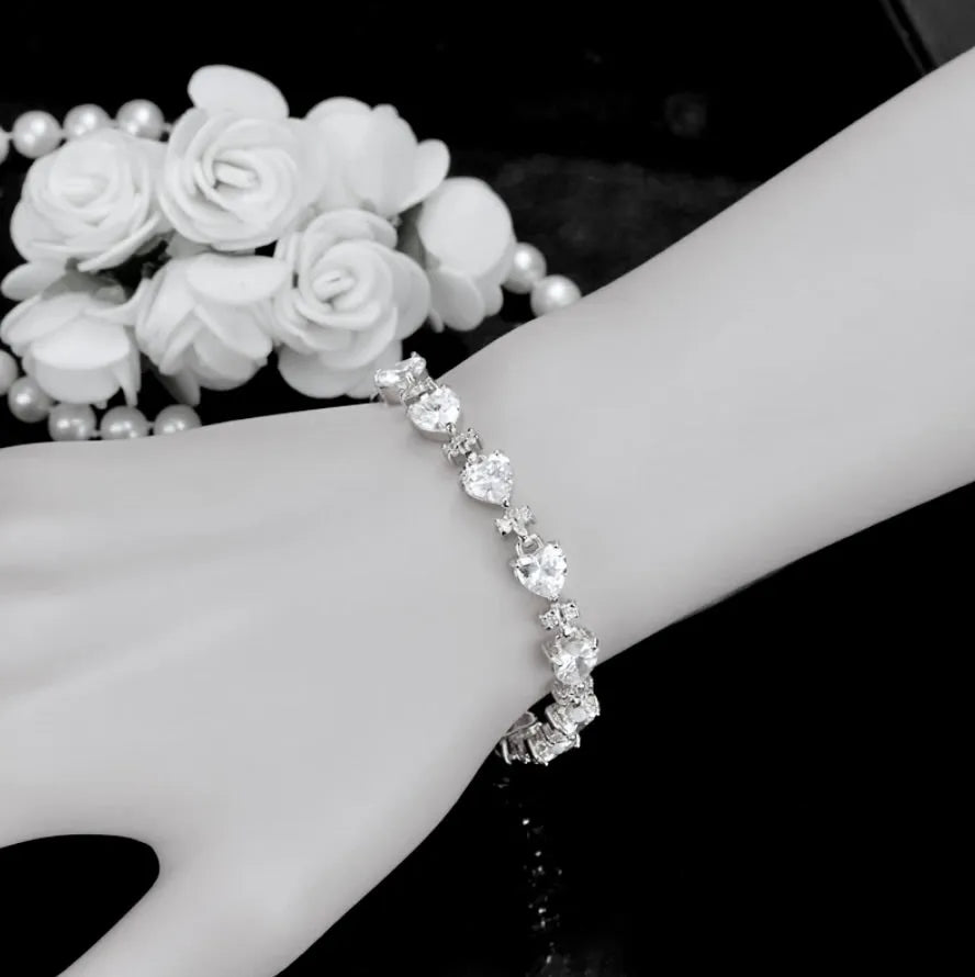 Wedding Jewelry - Silver Cubic Zirconia Heart Bracelet