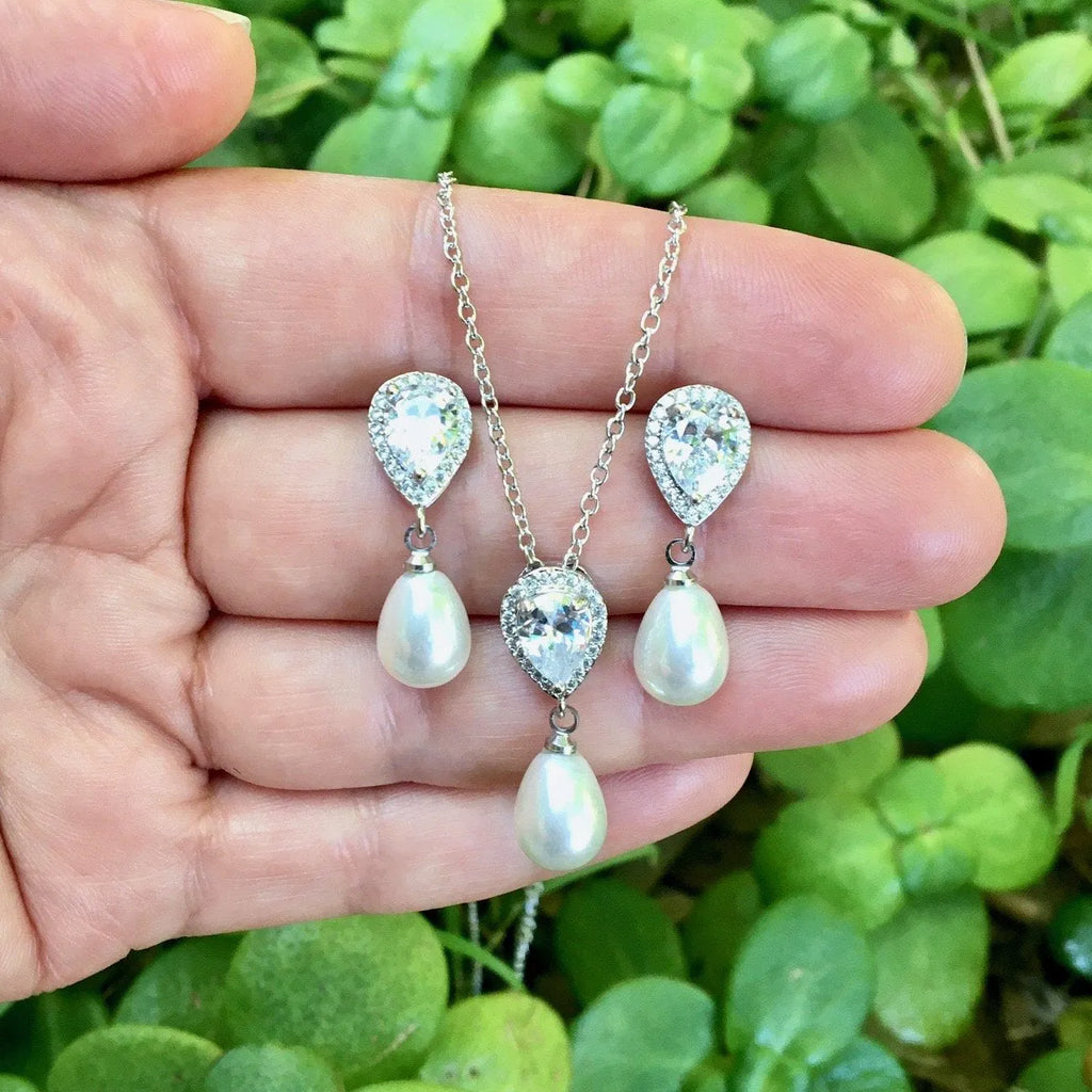 Wedding Jewelry - Pearl and Cubic Zirconia Bridal Necklace and Earrings Set - Available in Silver, Rose Gold and Yellow Gold 