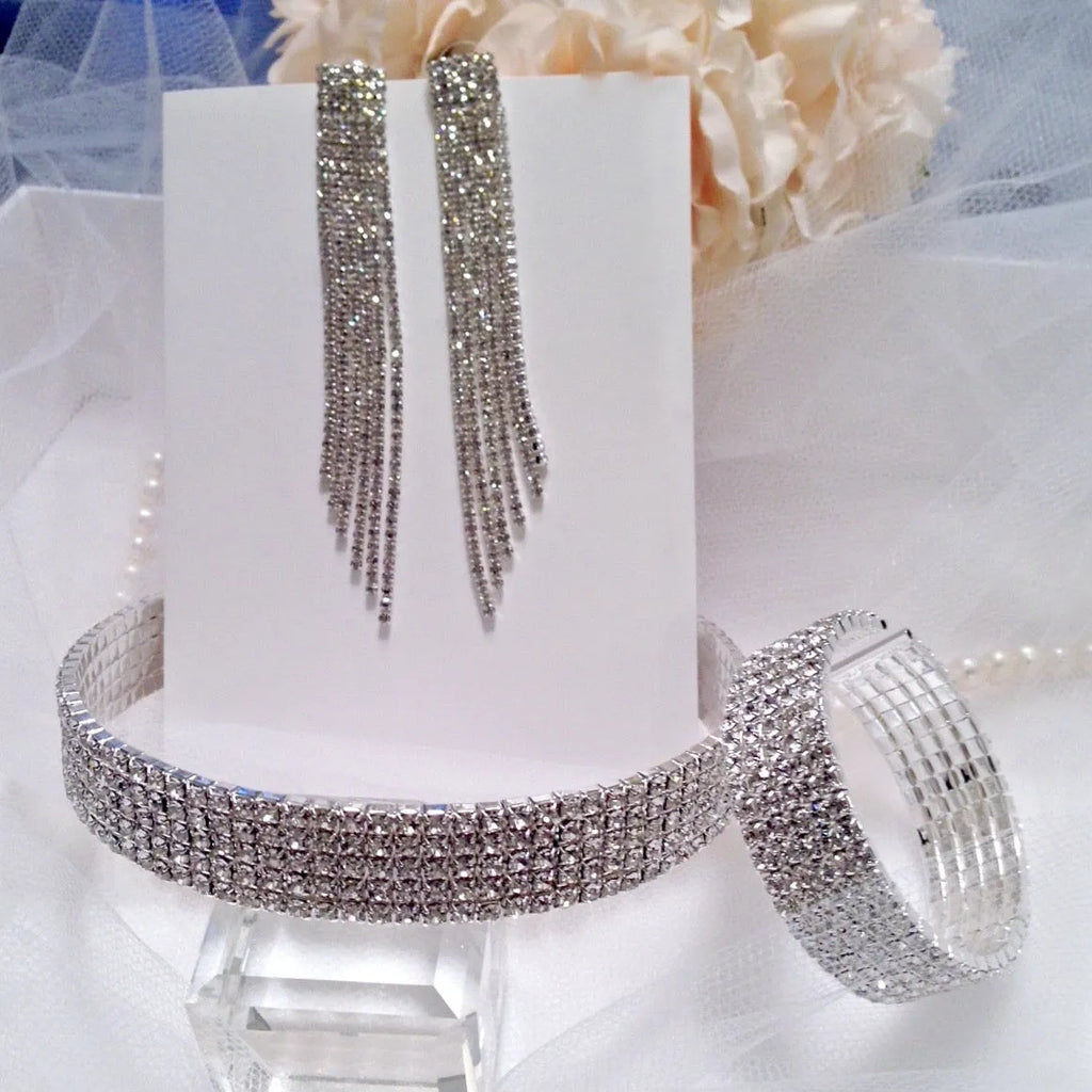 Wedding Jewelry - Silver Rhinestone Three-Piece Bridal Jewelry Set