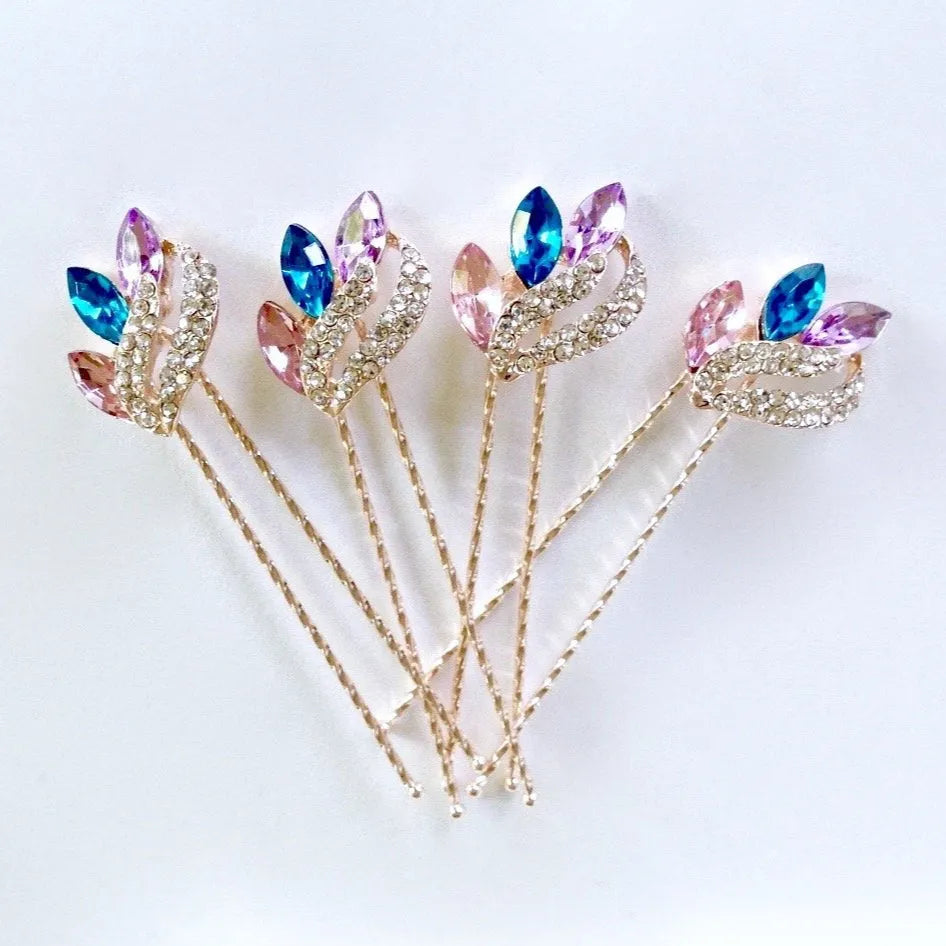 Wedding Hair Accessories - Rose Gold Colorful Crystal Hair Pins - Set of 4